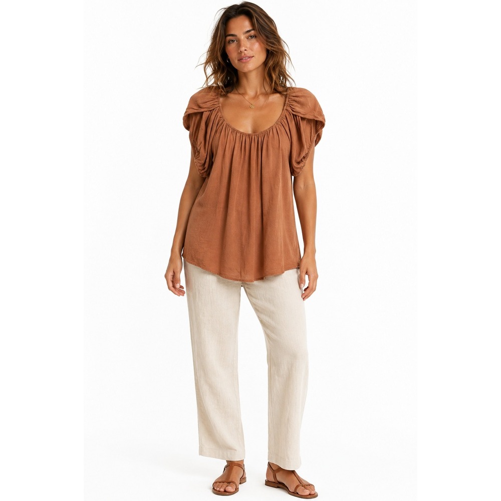 Linen‎ Blend Flowy Top S Terracotta Ruched Puff Sleeve Boho Euro Summer Blouse